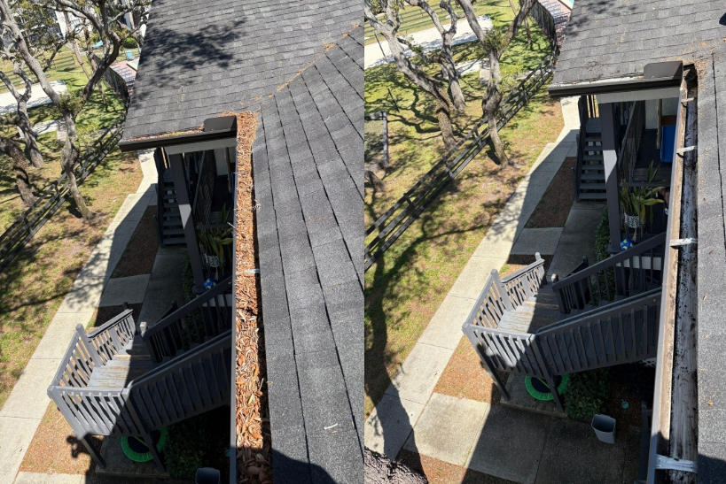 Before and after comparison of gutter cleaning on a house roof