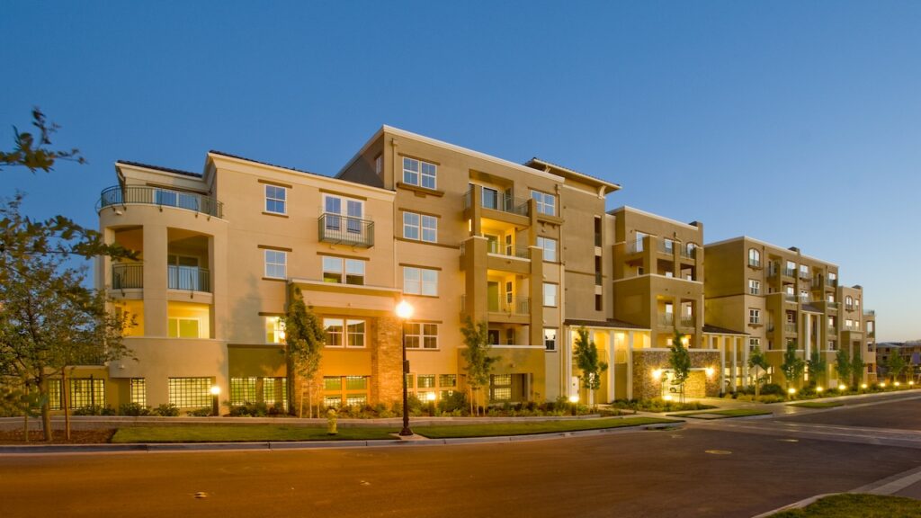 Apartment complex in California at sunset.