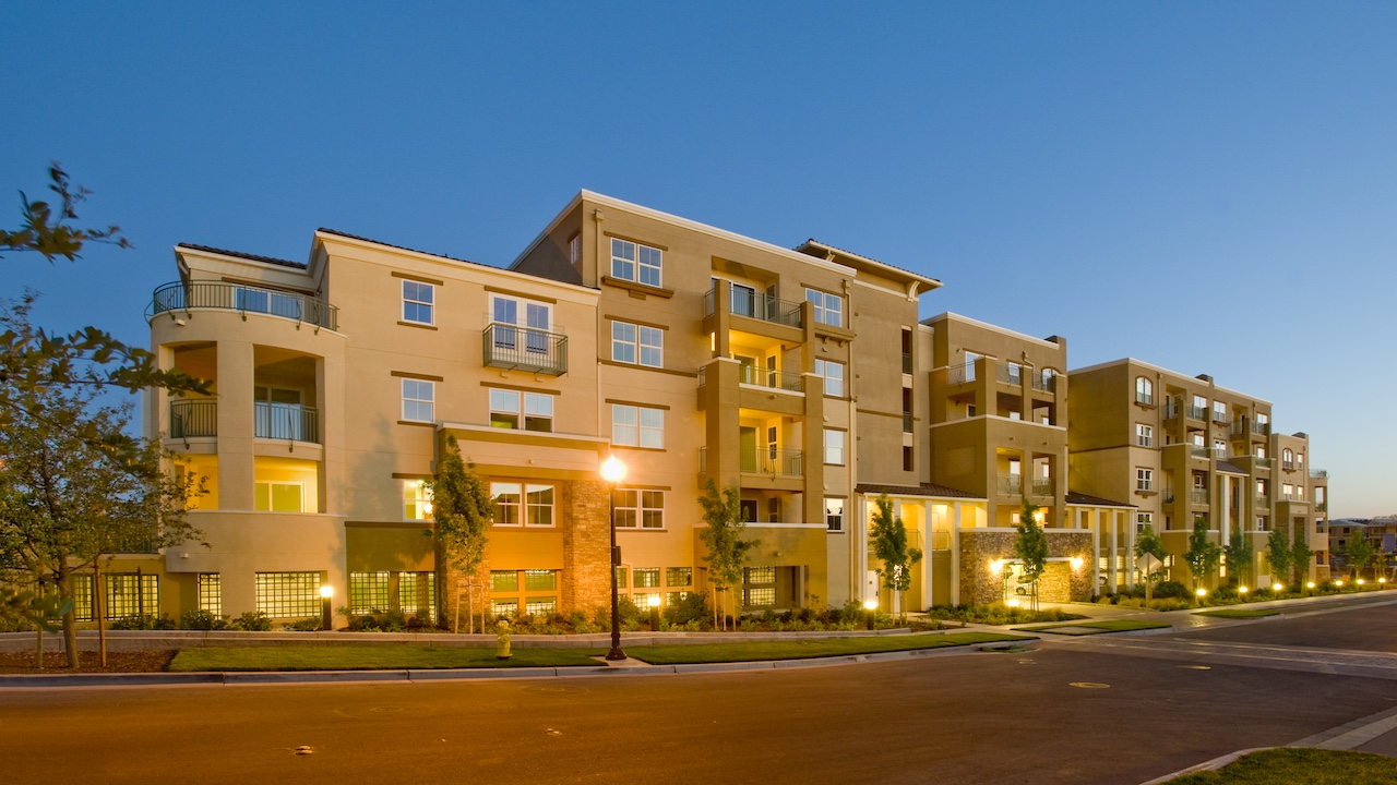 Apartment complex in California at sunset.