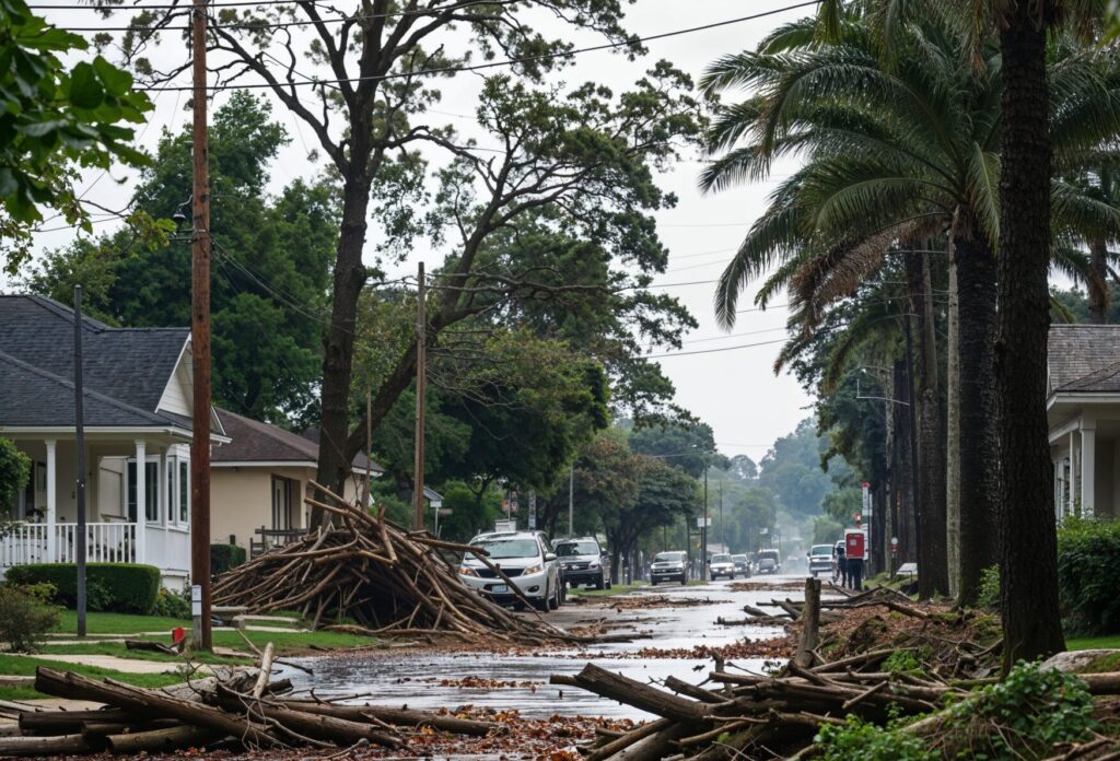 Florida rain storm with debris filling roads and gutters.