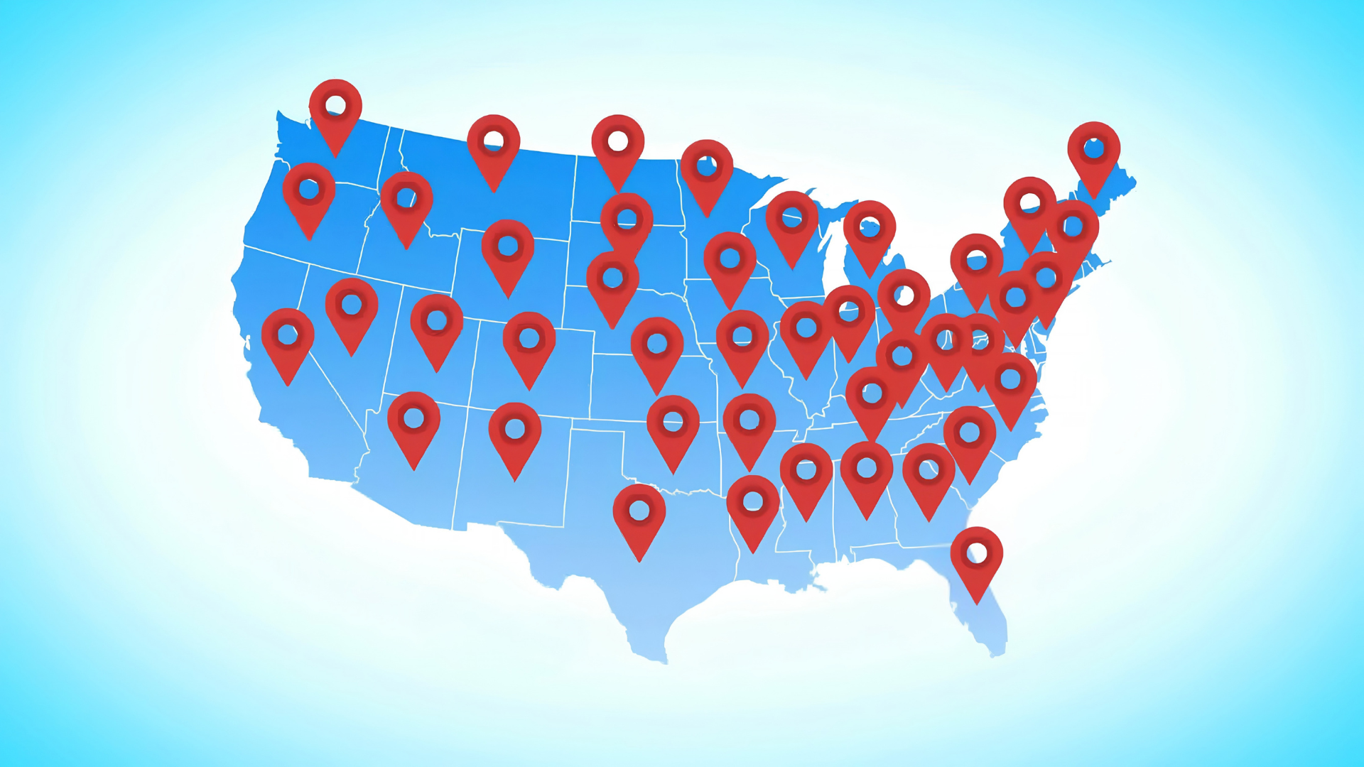 Map of the continental United States showing Ken's Gutters commercial coverage across 48 states