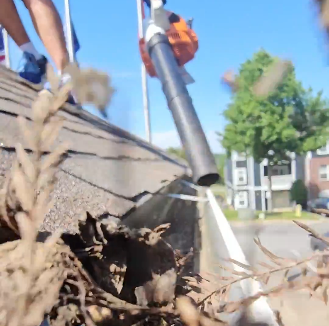 Blowing gutters out with a leafblower.